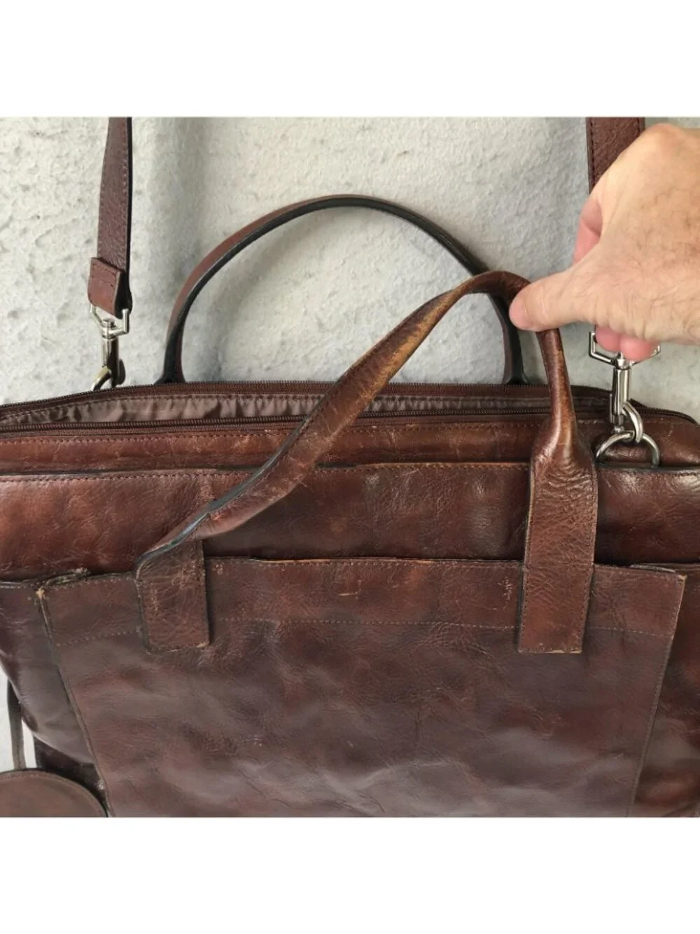 Italian Leather Briefcase Bag Mens Large Brown Zip Crossbody Business Organizer
